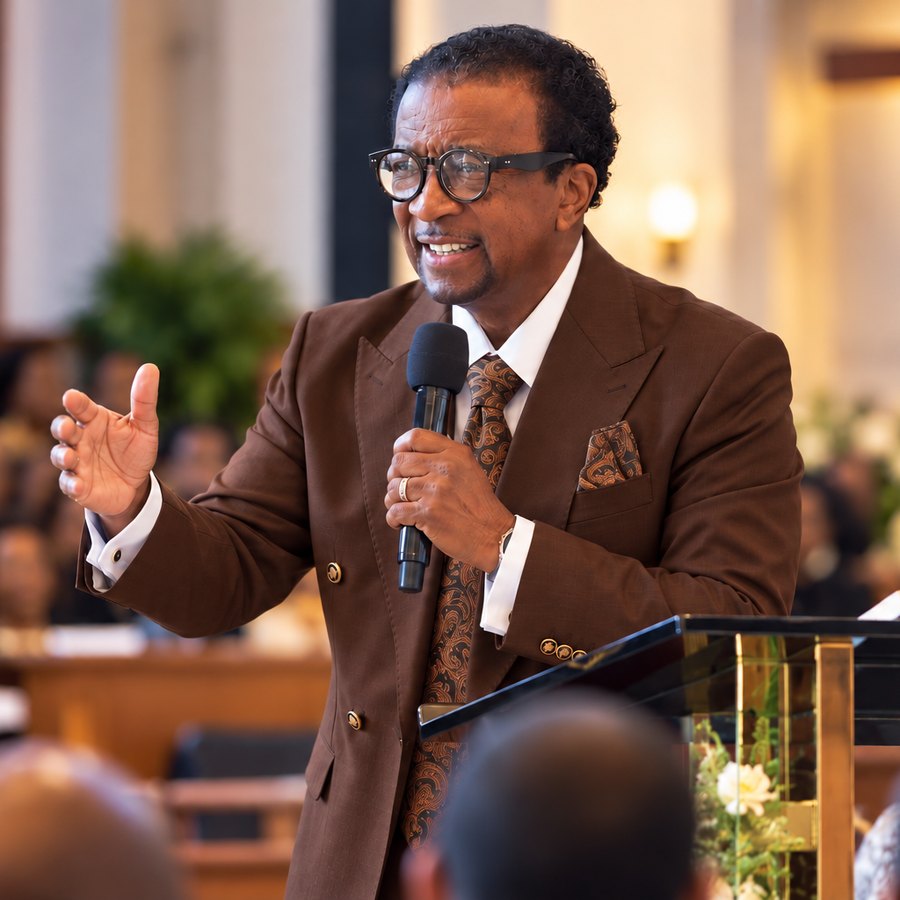 Apostle Terry L. McZeke preaching from the pulpit to a congregation